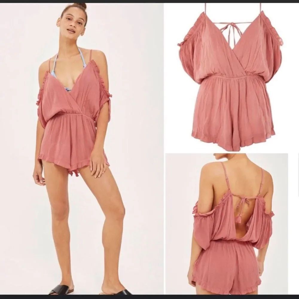 Topshop Dusty Rose Open Back Romper Tassel Tie Western Boho Festival Size S NWT